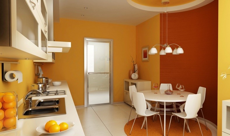 Оранжевая кухня со стеклянным столом из матированного белого стекла