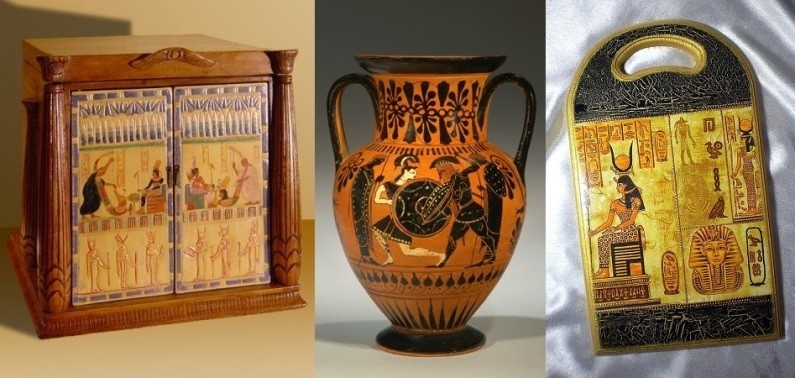 Шкафчик, кувшин и разделочная доска с египетскими рисунками