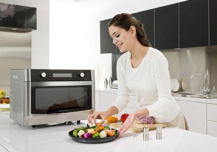 Микроволновая печь и девушка на кухне