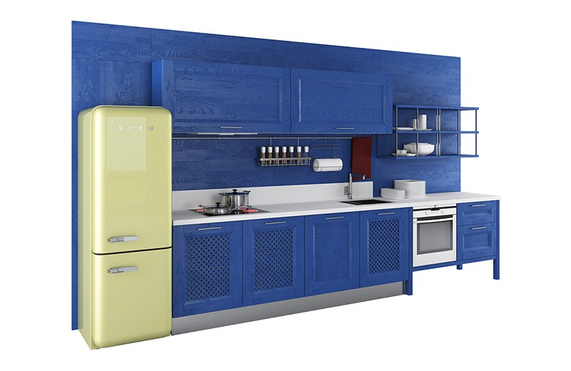 Салатовый холодильник на кухне синего цвета
