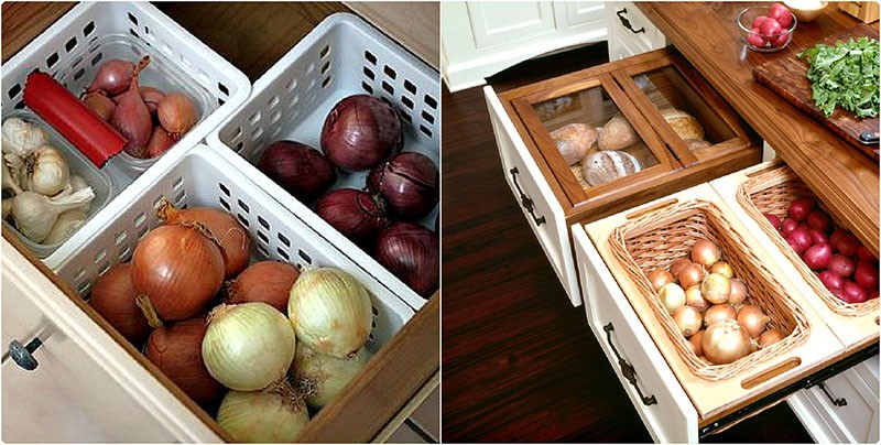 Выдвижные ящики с корзинами для хранения овощей