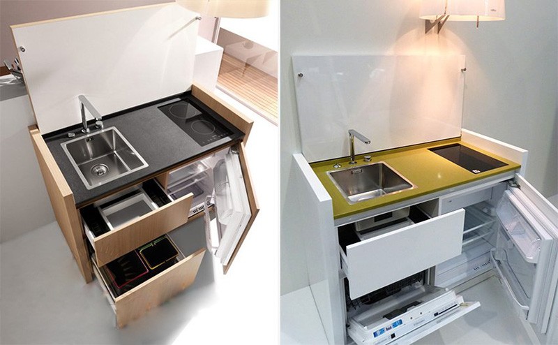 Два вида мини-кухни со встроенным холодильником