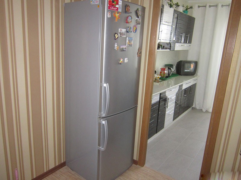 Большой холодильник в коридоре перед входом на кухню
