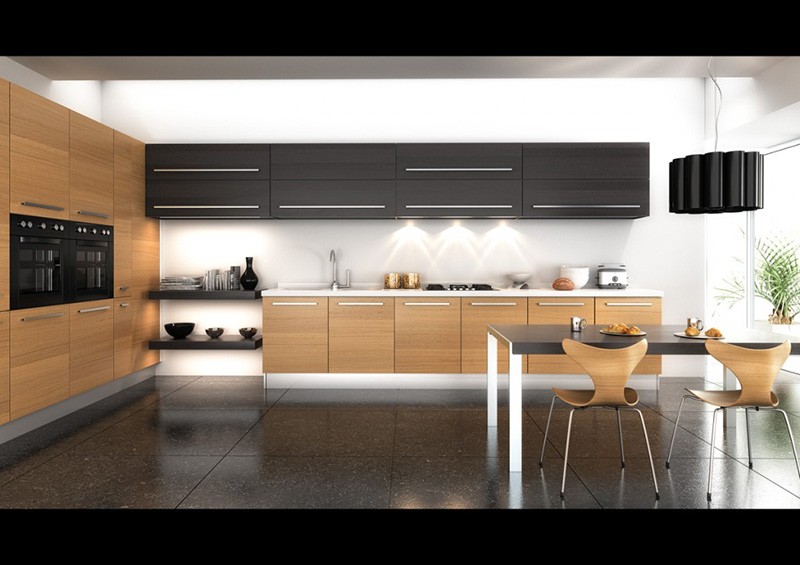Сочетание на кухне черный и деревянных фасадов с белыми элементами