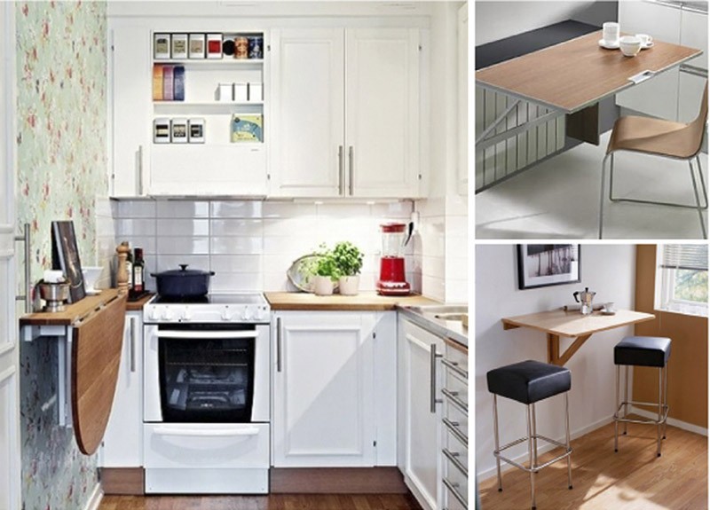 Три изображения разных кухонь с вариантами откидных столов