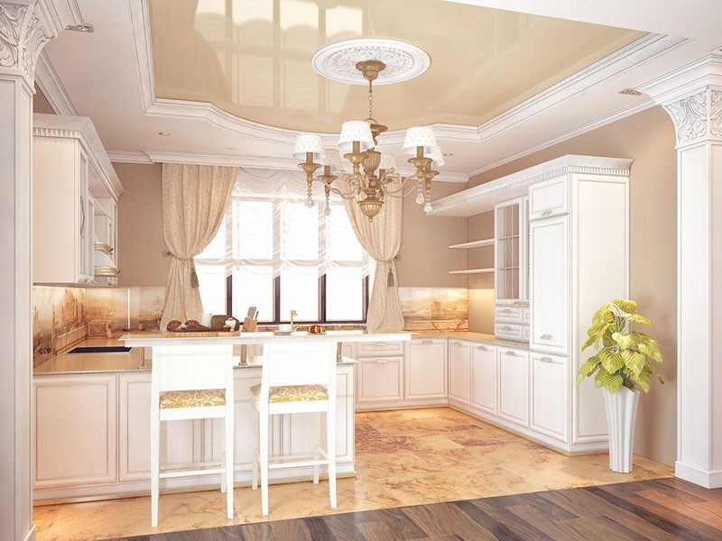 Белый кухонный потолок с цветной вставкой